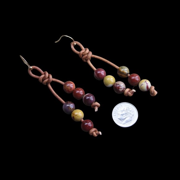 Mookaite Gemstones on Hand Knotted Brown Leather Earrings - Picture 2 of 4